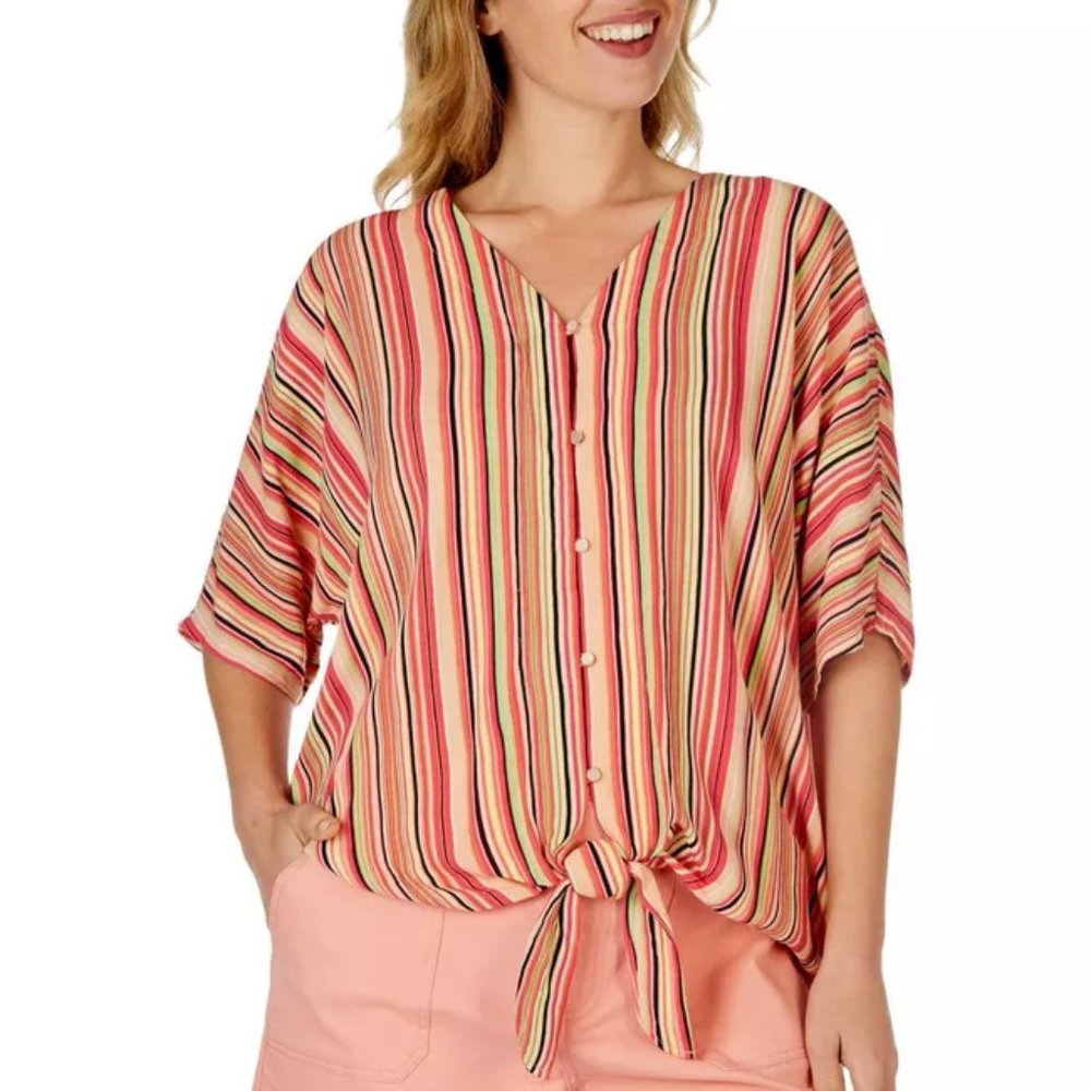NEW Seven7 Size‎ M Pink Multi Striped Tie Front Top Blouse Short Sleeve